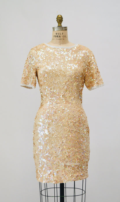 90s Vintage Sequin Dress Cream Off White Sequin Dress Small Medium// 90s Sequin Wedding Party Cocktail Dress Short Sleeve Lillie Rubin