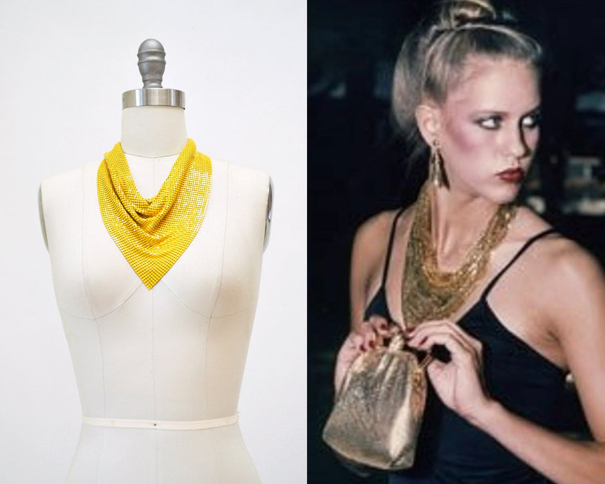 70s 80s Yellow Metal Chainmail Collar Necklace Bib Vintage Chainmail Necklace 70s yellow Chainmail bib NECKLACE Wedding Disco Necklace
