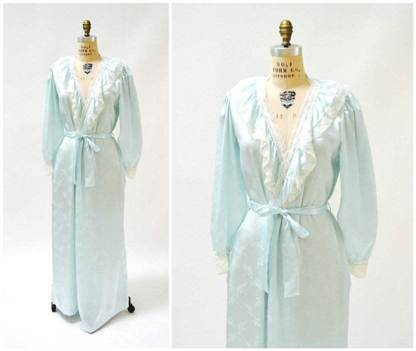 80s Vintage Blue Satin Robe Nightgown Blue lace Wedding Honeymoon Lingerie// Vintage Robe Lingerie Something Blue Large by Carole Hochman