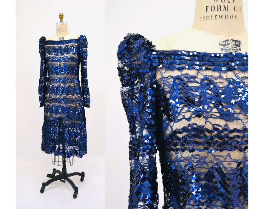 Vintage 80s 90s Lace Sequin Dress Metallic Blue  Sheer Long Sleeve Sequin lace Sequin Dress // 80s Vintage Black Metallic Lace Barbie Dress