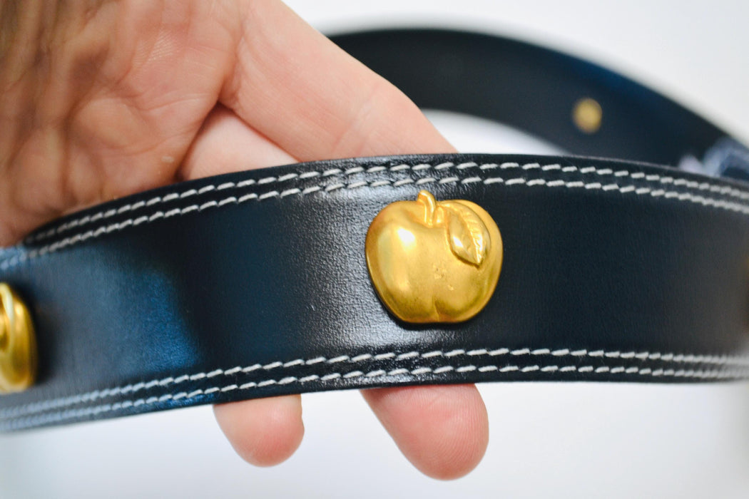80s 90s Vintage ESCADA Apple Belt Gold Metallic Navy Blue Leather Belt size 40 Medium Large 80s Glam Navy Gold Belt Apple Fruit Teacher