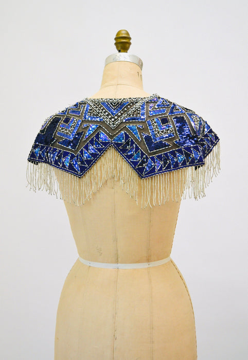 90s Vintage Blue Beaded Fringe Shawl Wrap Burlesque Wedding Flapper Blue Metallic Beaded Vintage Fringe Collar Shawl Showgirl