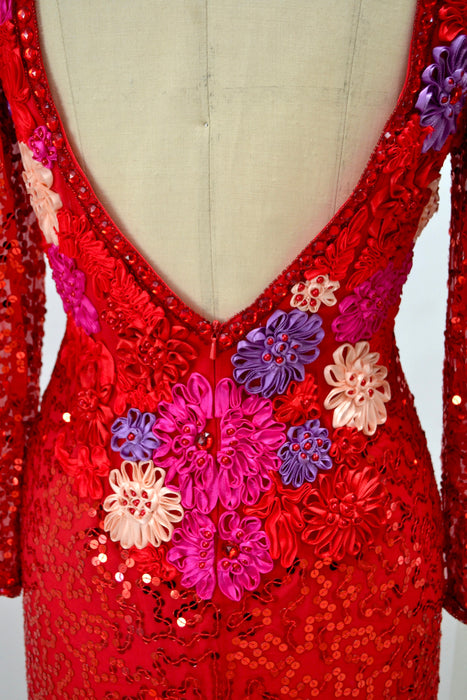 70s 80s Vintage Red Beaded Dress Evening Gown Small Medium// 90s Red Beaded Evening Pageant Dynasty Gown Dress Small Chinese Wedding Gown