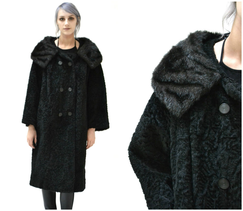 50s 60s Vintage Black Faux Fur Coat Jacket Size Large// Vintage Black Vegan Fur Coat Jacket Size Large Persian Lamb Aline 60s Faux Fur Coat