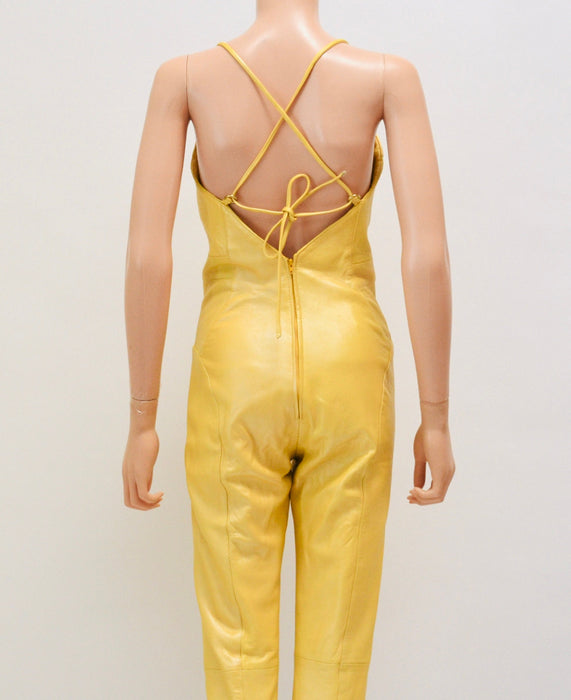 2000s Y2k Yellow Leather Jumpsuit Cat Suit Yellow Leather Lace up Sexy Jumpsuit By Michael Hoban North Beach Leather Size XS Small
