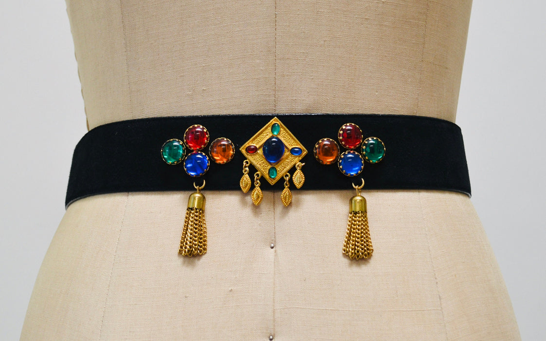 80s 90s Vintage ESCADA Black Gold Gemstone Belt Metallic Chain Fringe Black Leather Belt size 42 Medium Large 80s Glam Wide Black Gold Belt