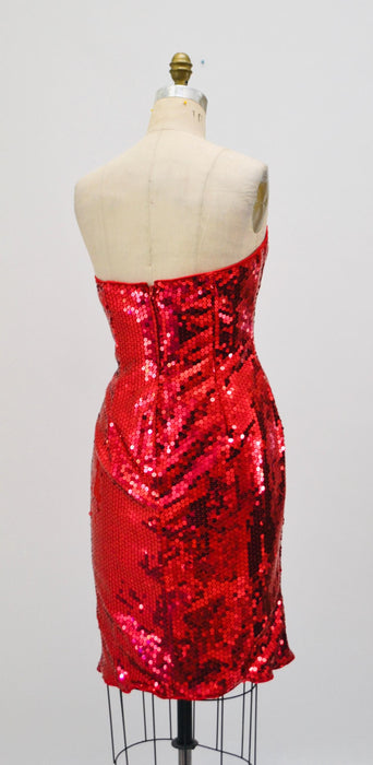 80s Prom Dress Red Sequins Small Medium// Vintage 80s Pageant Dress Red Sequin Strapless Dress 80s Metallic Prom Party Red Sequin Dress