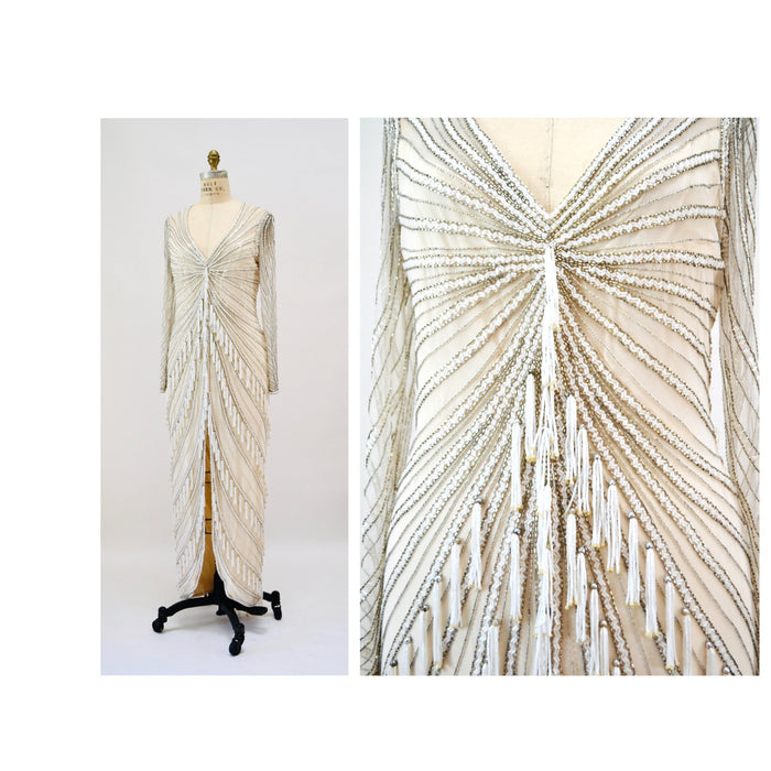 80s 90s Vintage Silver White Cream Beaded Gown Dress Medium Large By Bob Mackie Silk// Vintage Wedding Gown Beaded Fringe Art Deco Gown