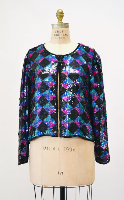 Vintage Sequin Jacket Black Silver Metallic Checker Plaid Small Medium// Vintage Sequin Jacket Blazer Silver Black Checkered Sequin Glam