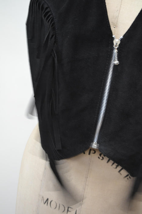 80s 90s Vintage Black Leather Fringe Vest Black Fringe leather Vest Cowboy Cowgirl Rodeo Biker Festival Vest Large Black Leather Vest