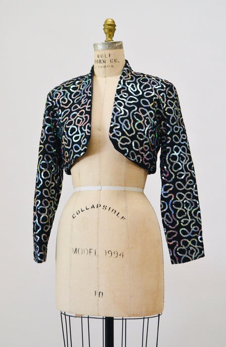 80s 90s Vintage Black Sequin Jacket Metallic Hologram Sequin Jacket XS Small// Black Cropped Sequin Bolero Silver Hologram Sequin jacket