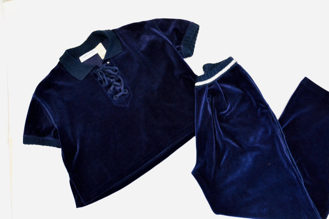 Vintage 90s Sonia Rykiel Navy Blue Velvet Velour Track Suit Nautical Beach Loungewear Sweat Shirt Sweatsuit Wide leg Pants Made in Paris