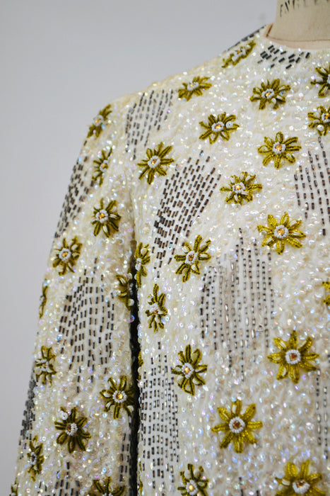 50s 60s Vintage Cream Gold Sequin Beaded Dress and Jacket Small Medium 1950s 60s Wedding Sequin Dress Jacket Flower Beaded Suit Miss Ruth