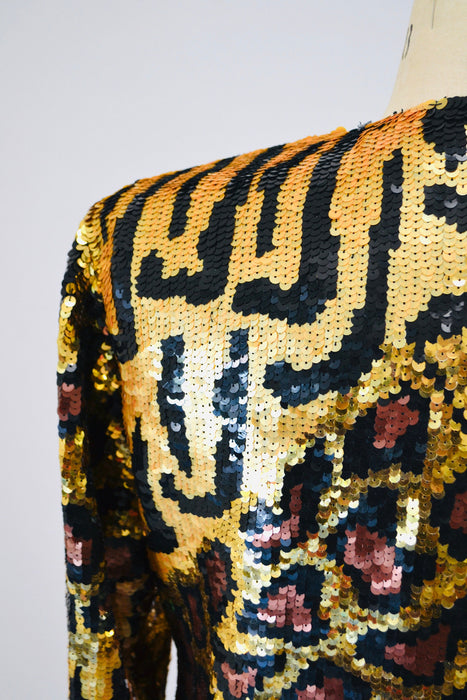 80s 90s Vintage Sequin Jacket Black Small Medium Leopard Cheetah Animal Pattern// 90s Metallic Gold Black Sequin Jacket French Collizioni