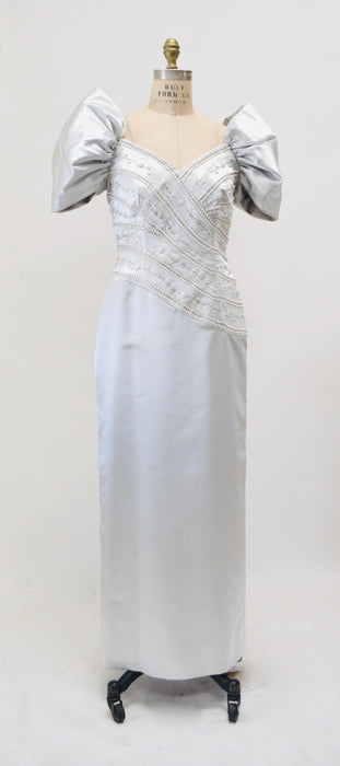 Vintage 80s 90s Evening Gown Wedding Dress Grey Silver Rhinestone Small Poof Sleeve Dress// Vintage Grey Dynasty Pageant Dress Rose Taft
