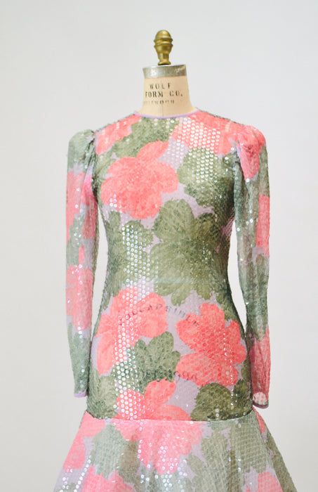 Vintage 80s Sheer Floral Print Sequin Dress by Victor Costa XS Small// 80s Sheer Sequin Prom Party Wedding Dress Long Sleeve Garden Party