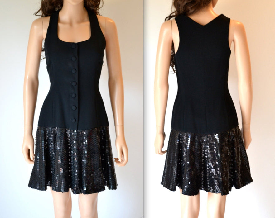 90s Vintage Black Sequin Tank Dress Small Medium// 90s Black Prom Dress Sleeveless Dress Drop Waist Small by Nicole Miller Flapper Inspired