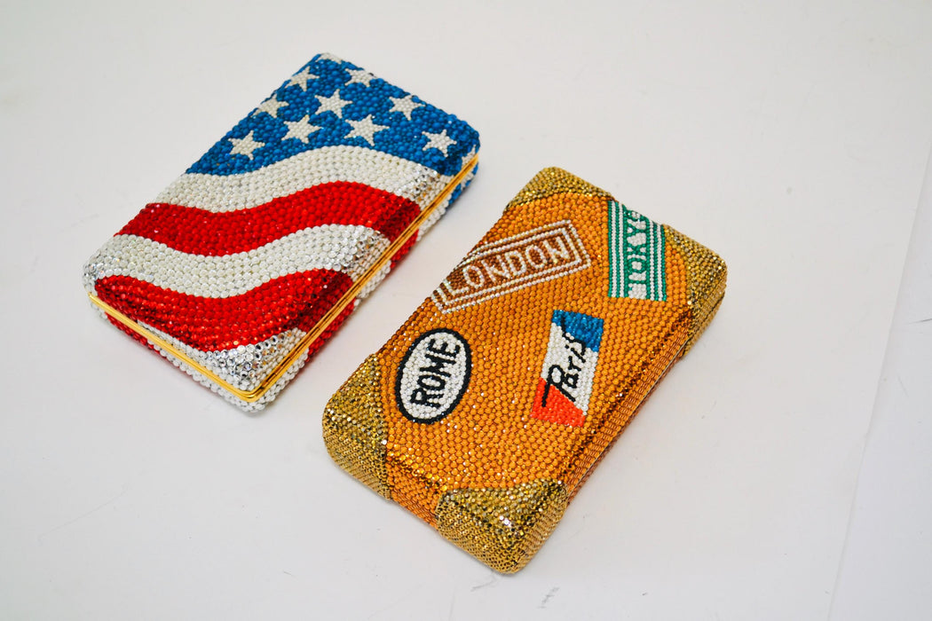 90s Vintage Metal Crystal Evening Bag Swarovski Bag 90s Katherine Baumann USA American Flag United States Crystal Minaudière Clutch Bag