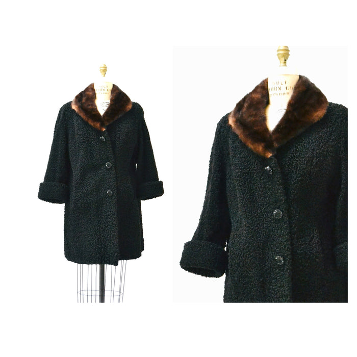 50s Vintage Black Persian Lamb and Mink Fur Coat Jacket Black Brown Broadtail Mink Fur Jacket Medium 50s 60s Black Fur Coat Jacket