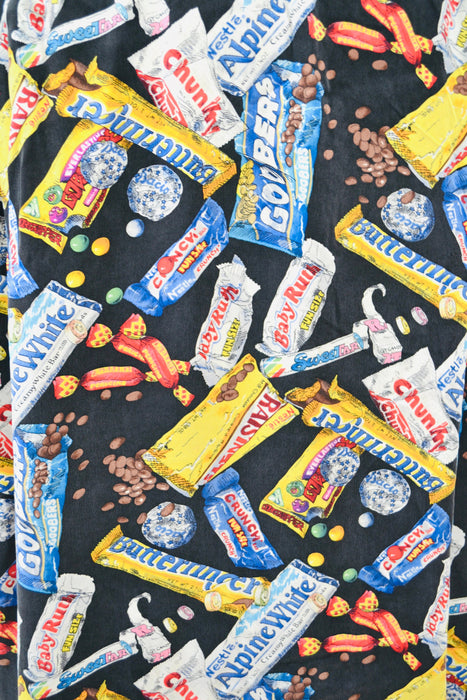 90s Vintage Nicole Miller Silk Shirt Size Large with Chocolate Candy Bar Food Print// 90s Pop art Conversational Print Silk Shirt