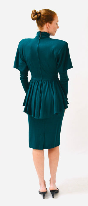 80s does 40s Vintage Teal Blue Green Knit Wool Dress Small Medium Wool Jersey Knit Dress Green teal Long Sleeve Peplum Dress Bonnie Strauss