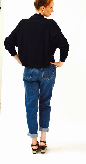 80s 90s Vintage Black Rhinestone Sweater Jumper Medium Pull over 80s Glam Rhinestone Diamond Sweater Dolman Sleeves Pull over Small Medium