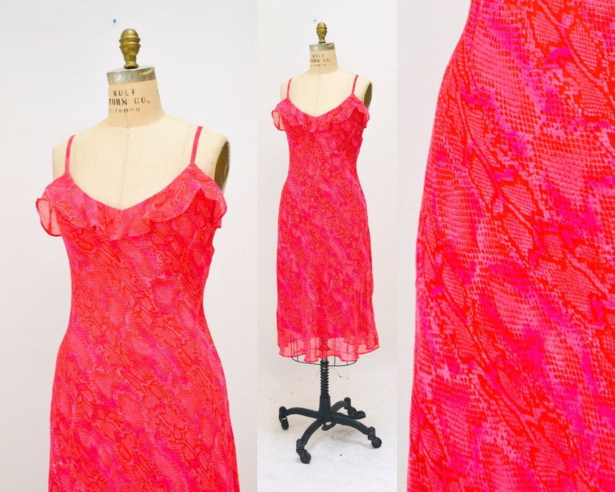 Vintage Betsy Jonhson Dress 00s Y2K Bias Cut Pink Red Dress Snake Print Chiffon Slip Dress Medium Large// 90s Pink Snake Print Tank Dress