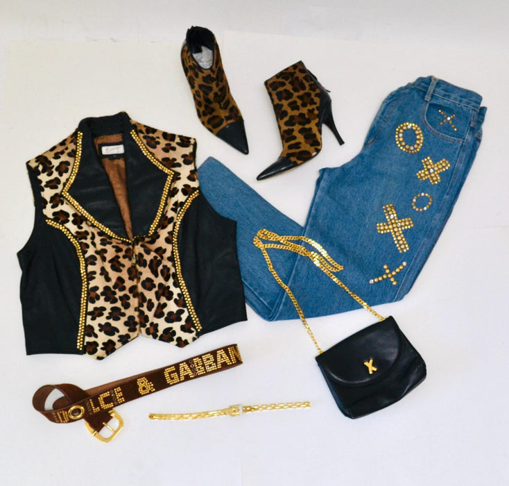 80s 90s Vintage Studded Black Leather Animal Print Vest Gold Leather Vest By Kippys XL Large Gold Studded Animal Print Black Leather Vest
