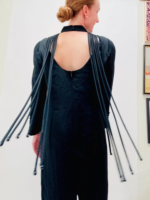 80s Louis Feraud Vintage Black Fringe Dress Black Designer Cocktail Long Sleeve Dress Medium Large// 90s Black Party Little Black Dress