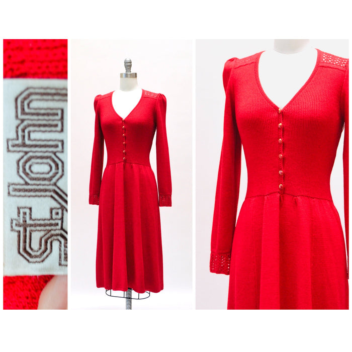 70s 80s Vintage Red St John Dress Lillie Rubin Red Knit Dress St John // 70s 80s Red Sweater Knit Dress XS Small Crochet Designer Dress