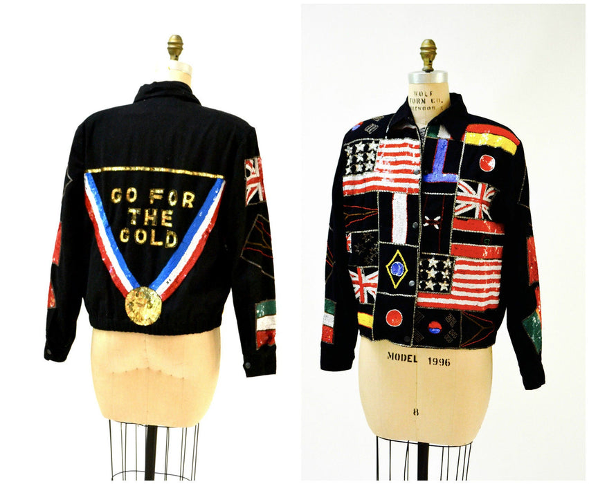 Vintage Sequin Jacket American Olympic Flag USA Large By Modi// Vintage Sequin Bomber Jacket Olympics Australia England USA America Pop Art