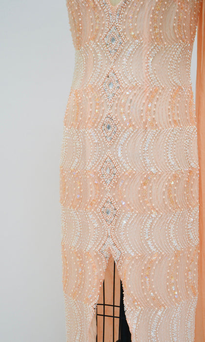 Vintage Peach Silk Beaded Sequin Evening Gown Dress Medium Large// 80s 90s Peach metallic Beaded Showgirl Fringe Dress Medium Large Sho Max