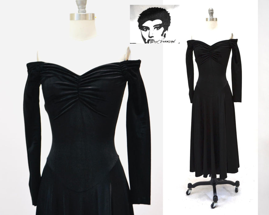 90s Vintage Black Velvet Dress Betsey Johnson XS Small //  90s Party Dress Knit Velvet Black dress Long Sleeve Skater Off the Shoulder