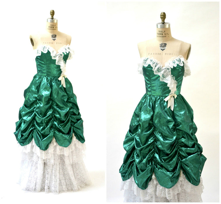 Vintage 80s Prom Dress Ball Gown XS Small Metallic Green St Pattys Day// Metallic Party Dress Green White Southern Bell Pageant Dress