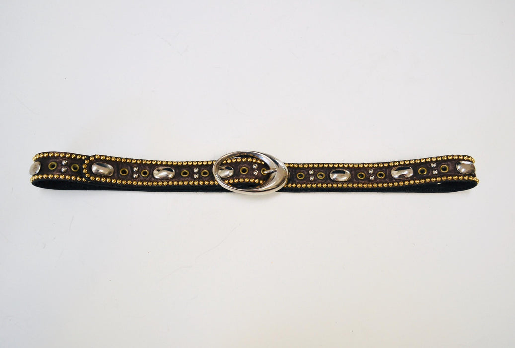 90s 2000s Vintage Gold Rhinestone Belt Brown Leather Gold Rhinestone Belt Small 29" Rhinestone Studded leather Belt