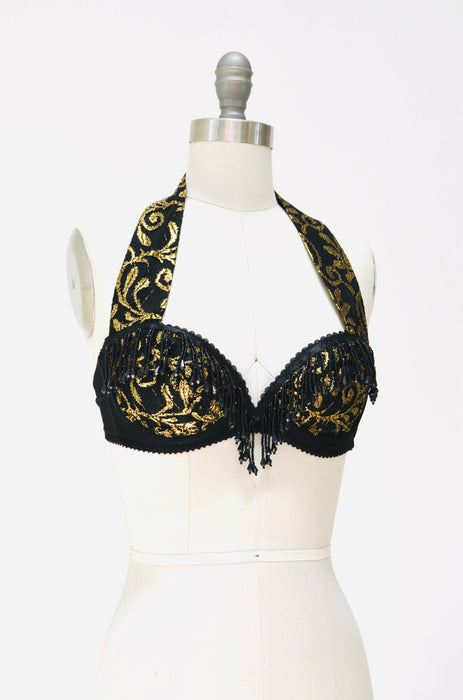 80s 90s Black Lace Bra Showgirl Beaded Fringe Halter neck Bra Crop Top Gold beaded fringe top 80s Madonna Costume top Black Lace Fringe Bra