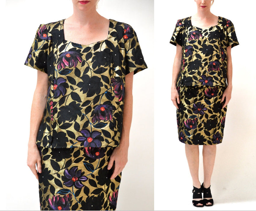 80s Vintage Metallic Gold Jacquard Skirt and Shirt Suit// Vintage Metallic Dress Gold black Large// Hand Painted Jacquard Skirt and Shirt