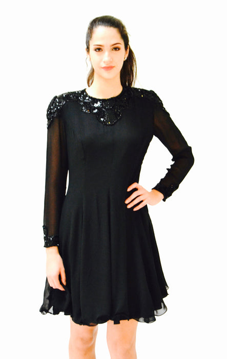 90s Vintage Black Silk Party Dress Black Sequin Beaded Dress Small Medium// 90s Prom Party Vintage Black Sequin Dress Long sleeve Dress