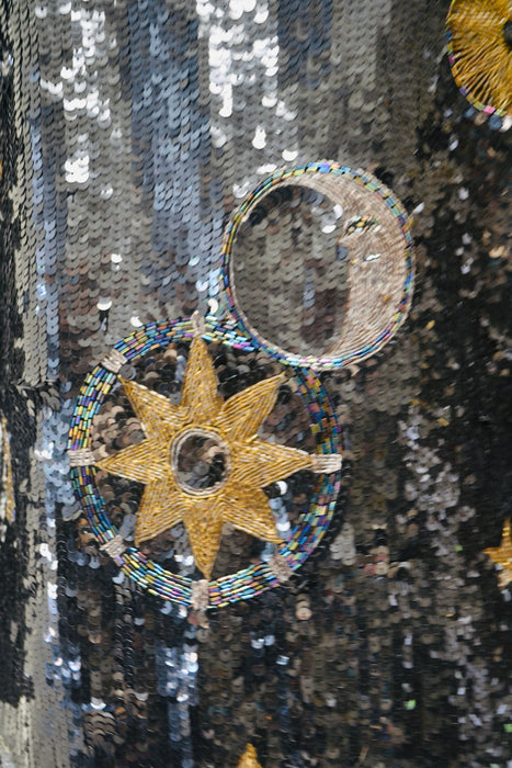 Vintage Sequin Jacket Black and Gold Metallic With Stars Moon Medium by Modi // Vintage Black Sequin Jacket Astrology Stars Night Sky