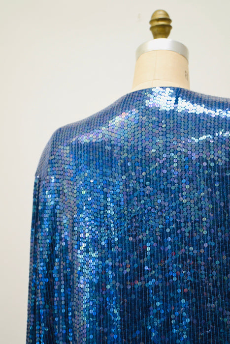 80s 90s Glam Vintage Blue Iridescent Sequin Jacket Large Blue Metallic Gold Rhinestone Buttons Jacket Sequin Jacket Jeanette Kasetenberg