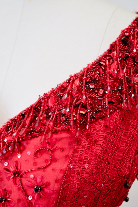 Vintage Red Sequin Beaded Dress Evening Gown dress Escada XS Small// Vintage Couture Red Rhinestone Black Tie Ball Gown Silk Dress Escada XS