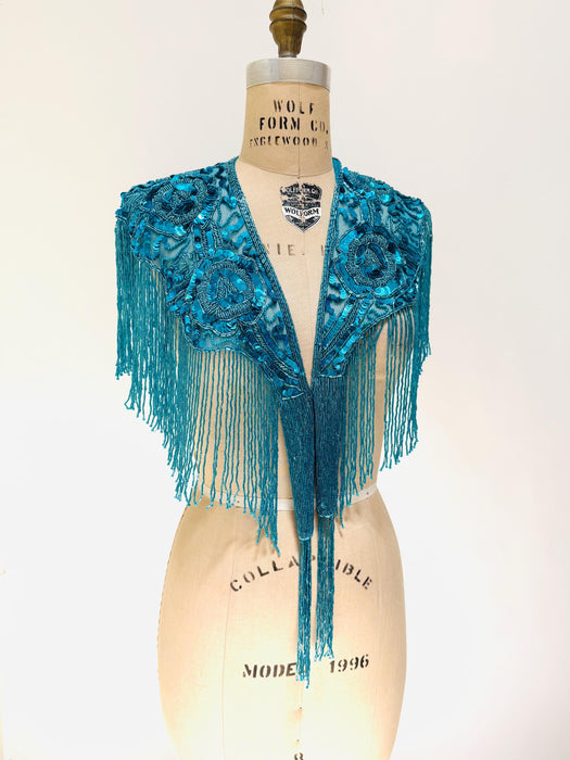 90s Vintage Turquoise Blue Beaded Fringe Shawl Wrap Burlesque Wedding Flapper Blue Metallic Beaded Vintage Fringe Collar Showgirl
