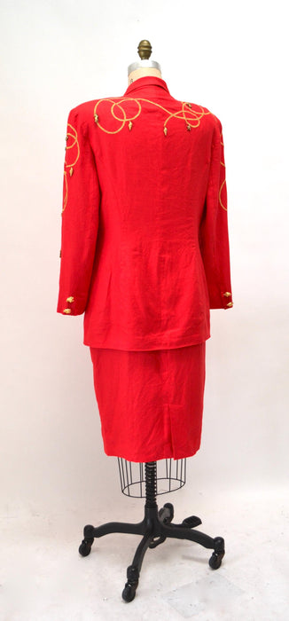 80s 90s Vintage Nautical Red Suit Jacket Blazer Skirt Red Gold Nautical Suit Linen Blazer Medium Large Lillie Rubin Boat Party Jacket Suit