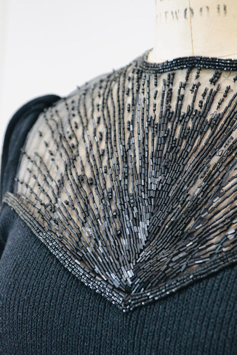 80s Vintage St John Dress Black Knit Dress By St John Beaded  Knit Long Sleeve Dress // 80s Black Sweater Knit Party Dress Small Medium