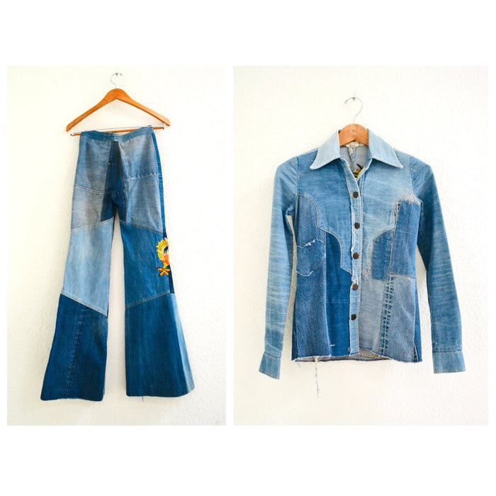 70s Authentic Vintage Patchwork Denim Shirt Bell Bottom Jeans Pants Embroidered Dragon Jeans Denim Shirt Set XS Small Paradox Bloomingdales