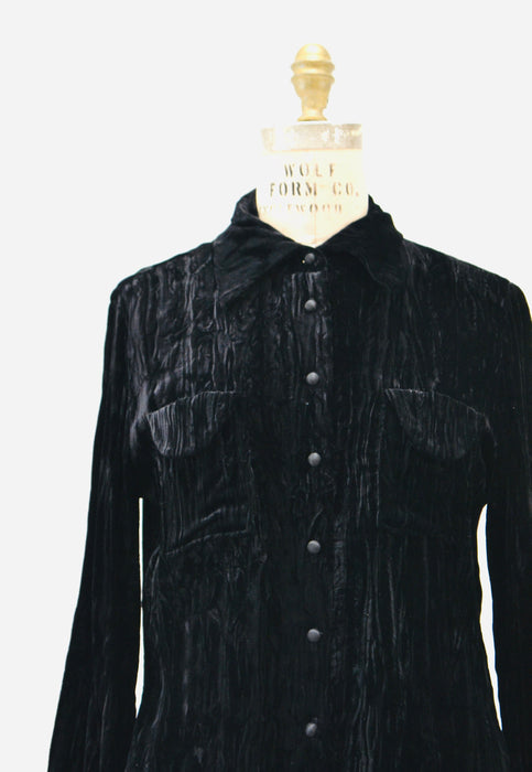 70s 80s Black Velvet Shirt Crushed Velvet Button Down Shirt Size Small Medium// Vintage Black Velvet Shirt Small medium Button Down