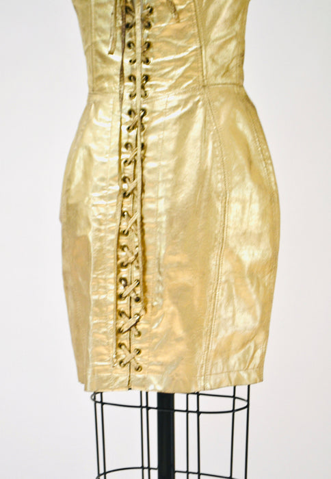 90s Metallic Gold Leather Dress by Michael Hoban North Beach Leather Lace Up Corset Strapless Dress Body con lace up dressSize Small Medium