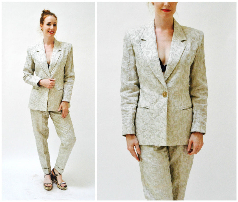 90s 00s Vintage Embroidered Linen Suit Jacket Pants in Khaki Tan Small Medium By Richard Mishann // 90s Vintage Linen Suit Jacket Pants