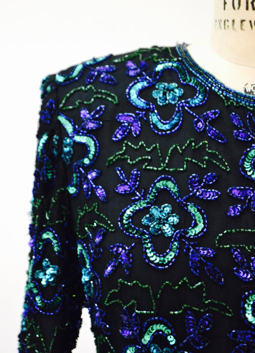 Vintage Black Sequin Shirt top Large XL Black blue beaded shirt // 80s Vintage Metallic Sequin Top Black Art Deco Flapper Laurence Kazar