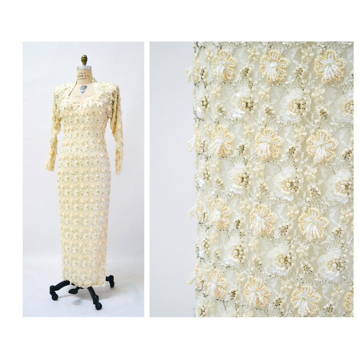 70s 80s Vintage Wedding Dress Cream Lace Long Sleeve Beads Pearls Sequins XS Small// 80s Cream Vintage Lace Wedding Dress Flower Sequins